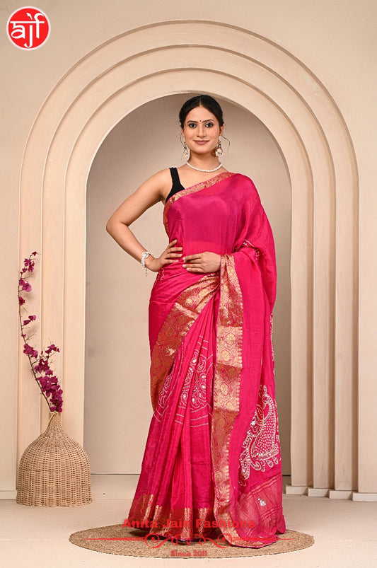 Pink HO Silk Saree with Zari Weaving and Bandhani Design, Includes Blouse Piece