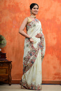 Cream Silk Saree with Floral Embroidery and Running Border