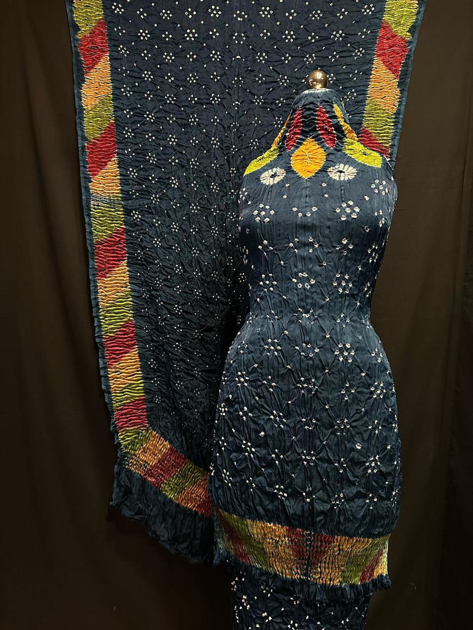 "Navy Blue Modaal Gajji Silk 3-piece suit set with hand Bandhani and multicolor Lagdi Patta dupatta – Anita Jain Fashions"