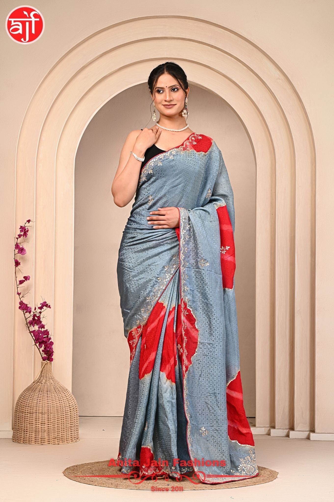 HO Silk Jacquard Saree with Gota Patti Work and Contrast Pallu