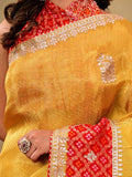 Mustard saree with red geometric border and thread embroidery