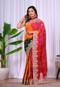 Red bandhani saree with gold embroidered pallu
