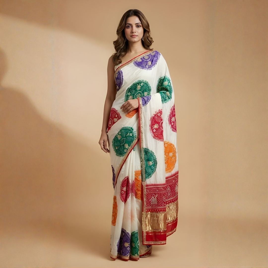 Modal Gajji Bandhani Saree with Gota Patti Work – Festive Wear