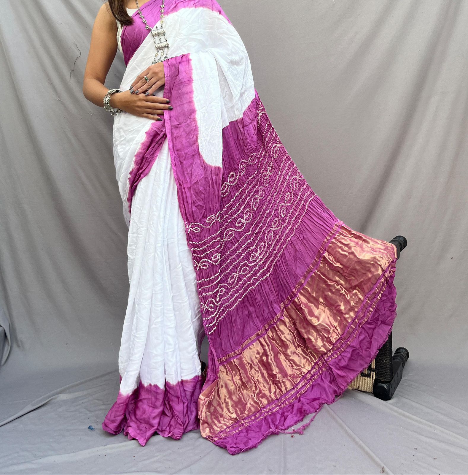 Light Pink Pure Gajji Silk Saree with Lagdi Patta - Hand Bandhej, Ethically Made - Anita Jain Fashions