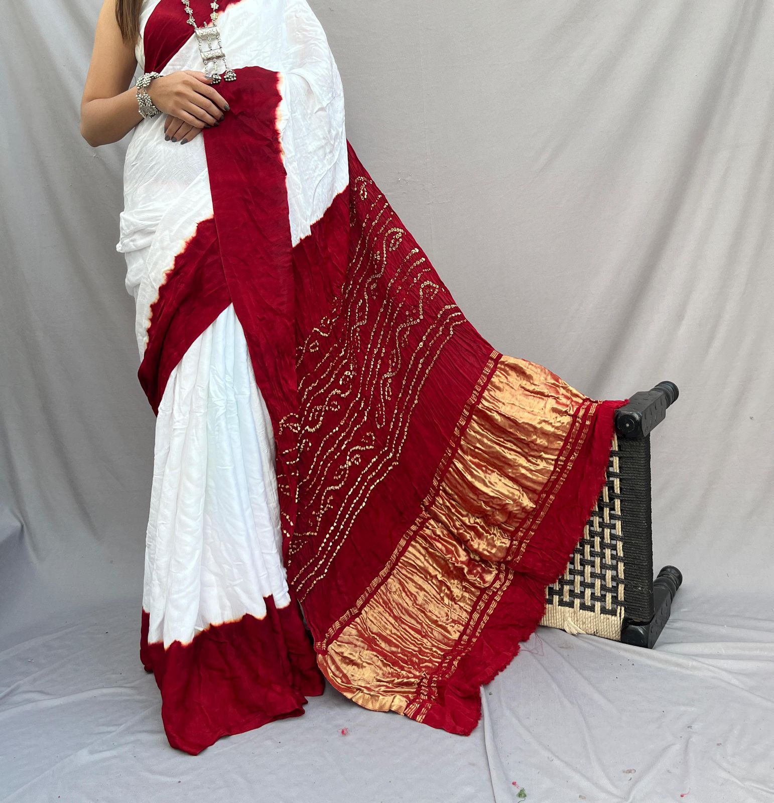 Mehroon Pure Gajji Silk Saree with Lagdi Patta - Hand Bandhej, Ethically Made - Anita Jain Fashions