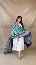 Blue & Teal Diamond Buta Banarasi Stole with Gold Border