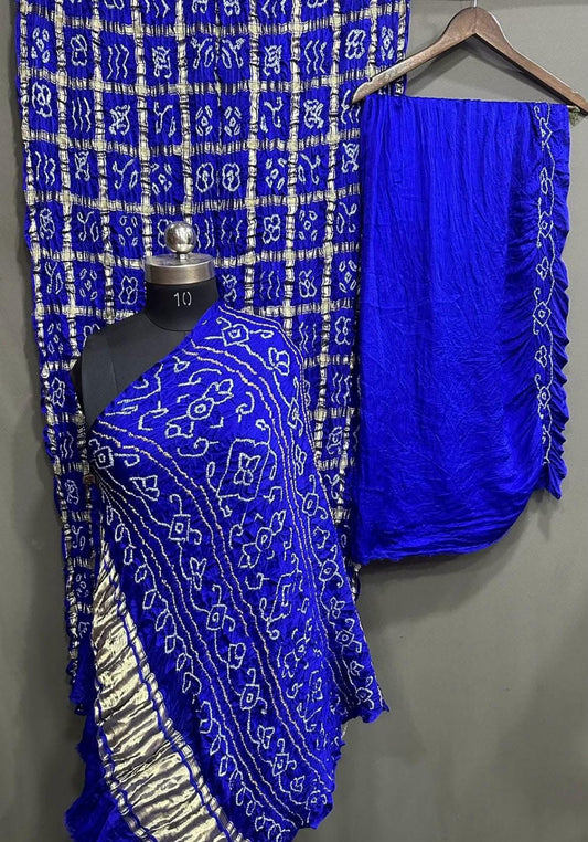 “Royal Blue Modaal Gajji Silk Suit with Hand Bandhani and Golden Lagdi Patta Dupatta – Anita Jain Fashions”