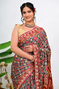 Red Printed Cotton Saree with Geometric Motifs