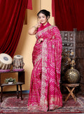 Hot Pink Bandhani Saree with Gold Embroidered Border