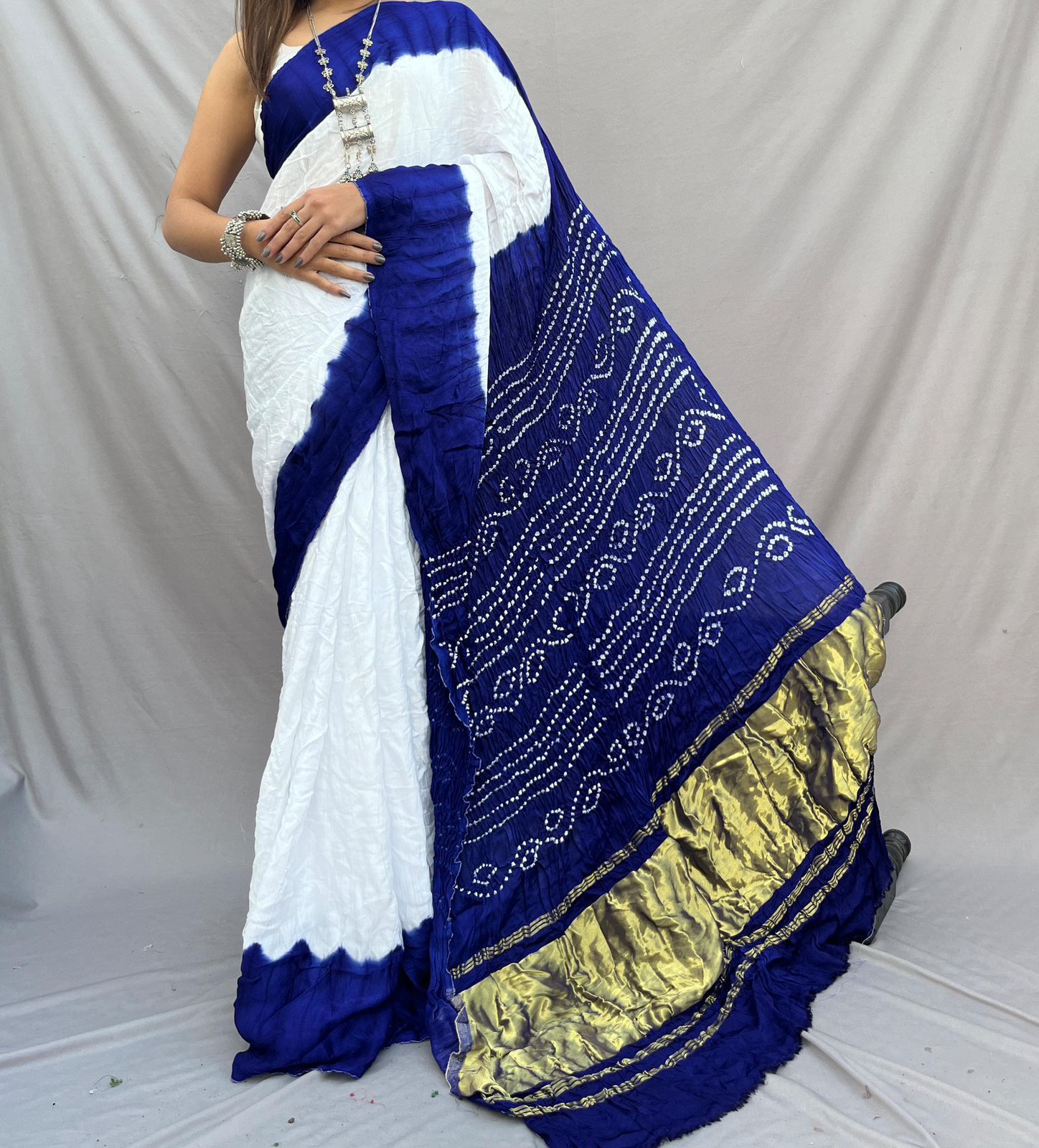 Blue Pure Gajji Silk Saree with Lagdi Patta - Hand Bandhej, Ethically Made - Anita Jain Fashions