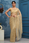 Cream Embroidered Saree with Silver Zari Floral Work