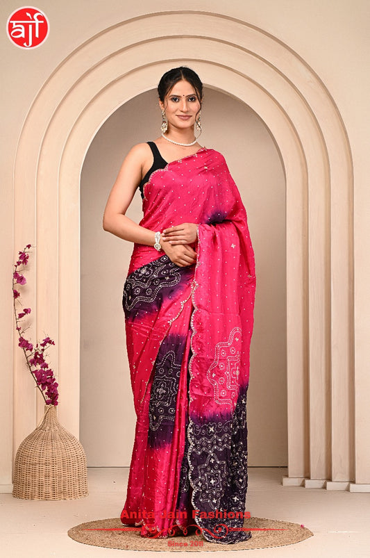 Pink Wine HO Silk Saree with Cut Work, Bandhani Design and Matching Blouse Piece