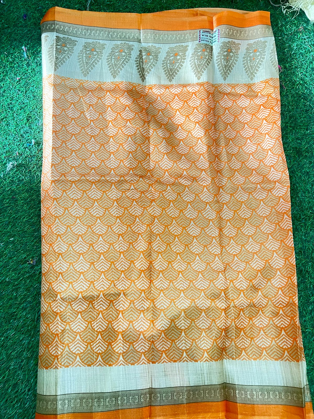 Orange Fancy Cotton Saree with White Leaf Weave and Silver Border