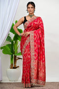 Red Silk Saree with Gold Zari Embroidery & Floral Work