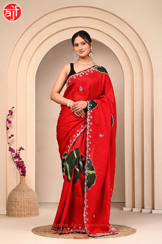Red Green HO Silk Jacquard Saree with Gota Patti Design and Matching Blouse Piece