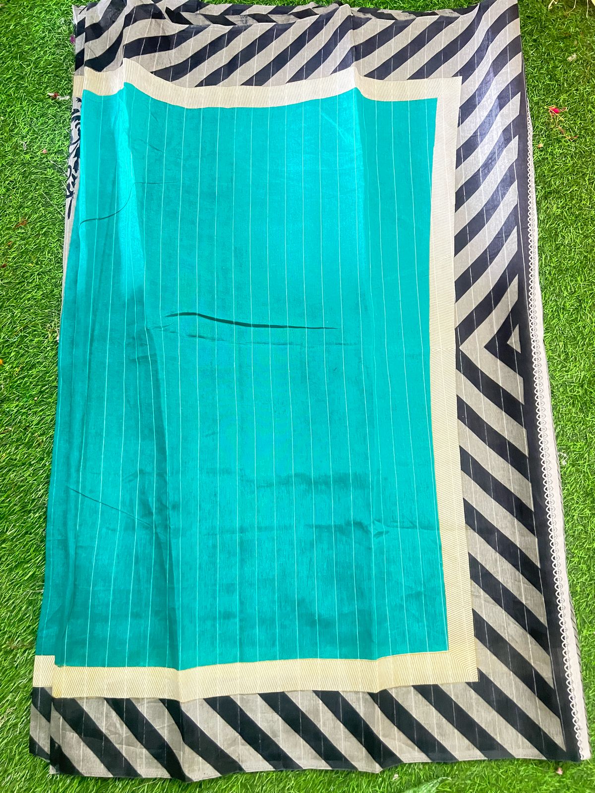 Turquoise Blue Fancy Cotton Saree with Black & White Diagonal Border