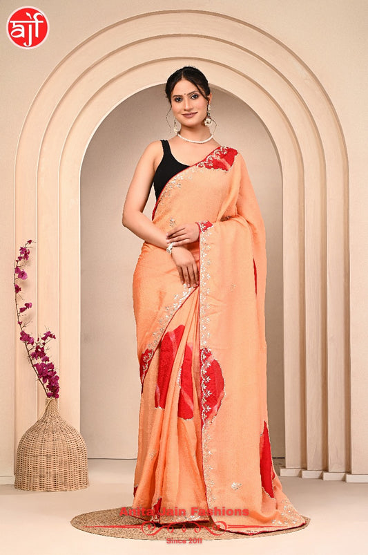 HO Silk Jacquard Saree in Peach Red with Gota Patti Design and Matching Blouse Piece