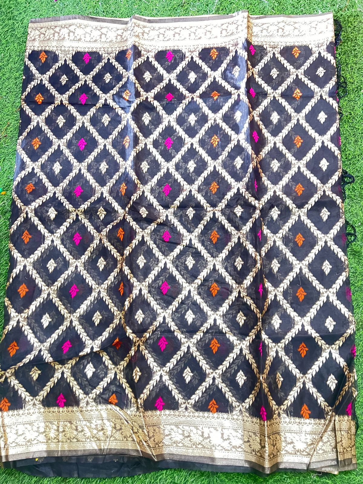 Black Organza Zari Silk Saree with Colorful Leaf Motifs & Rich Golden Border