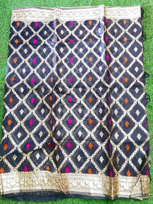Black Organza Zari Silk Saree with Colorful Leaf Motifs & Rich Golden Border