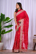 Red Embroidered Saree with Zari and Thread Work