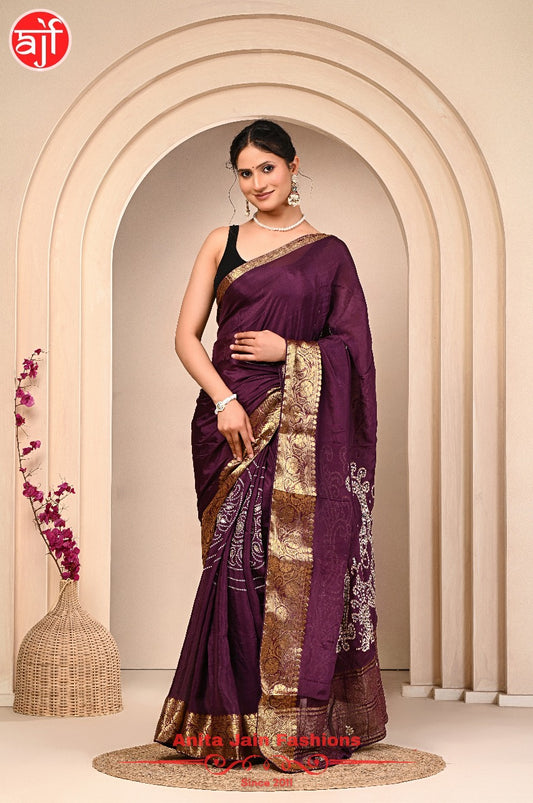 Wine HO Silk Saree with Zari Weaving and Bandhani Design, Includes Blouse Piece