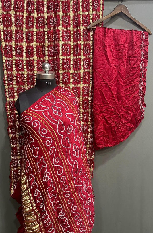“Red Bandhani Modaal Gajji Silk suit set with floral and checkered Bandhej work and Lagdi Patta dupatta – Anita Jain Fashions”“Red Bandhani Modaal Gajji Silk suit set with floral and checkered Bandhej work and Lagdi Patta dupatta – Anita Jain Fashions”