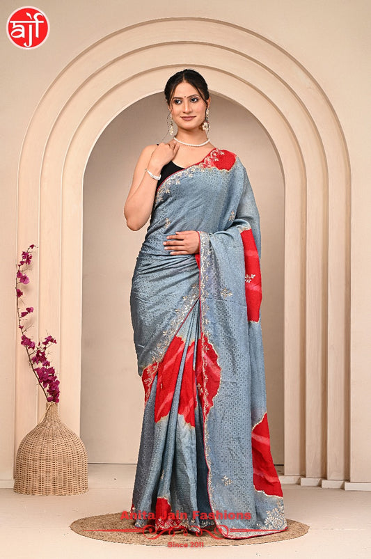 Grey Red HO Silk Jacquard Saree with Gota Patti Work and Matching Blouse Piece