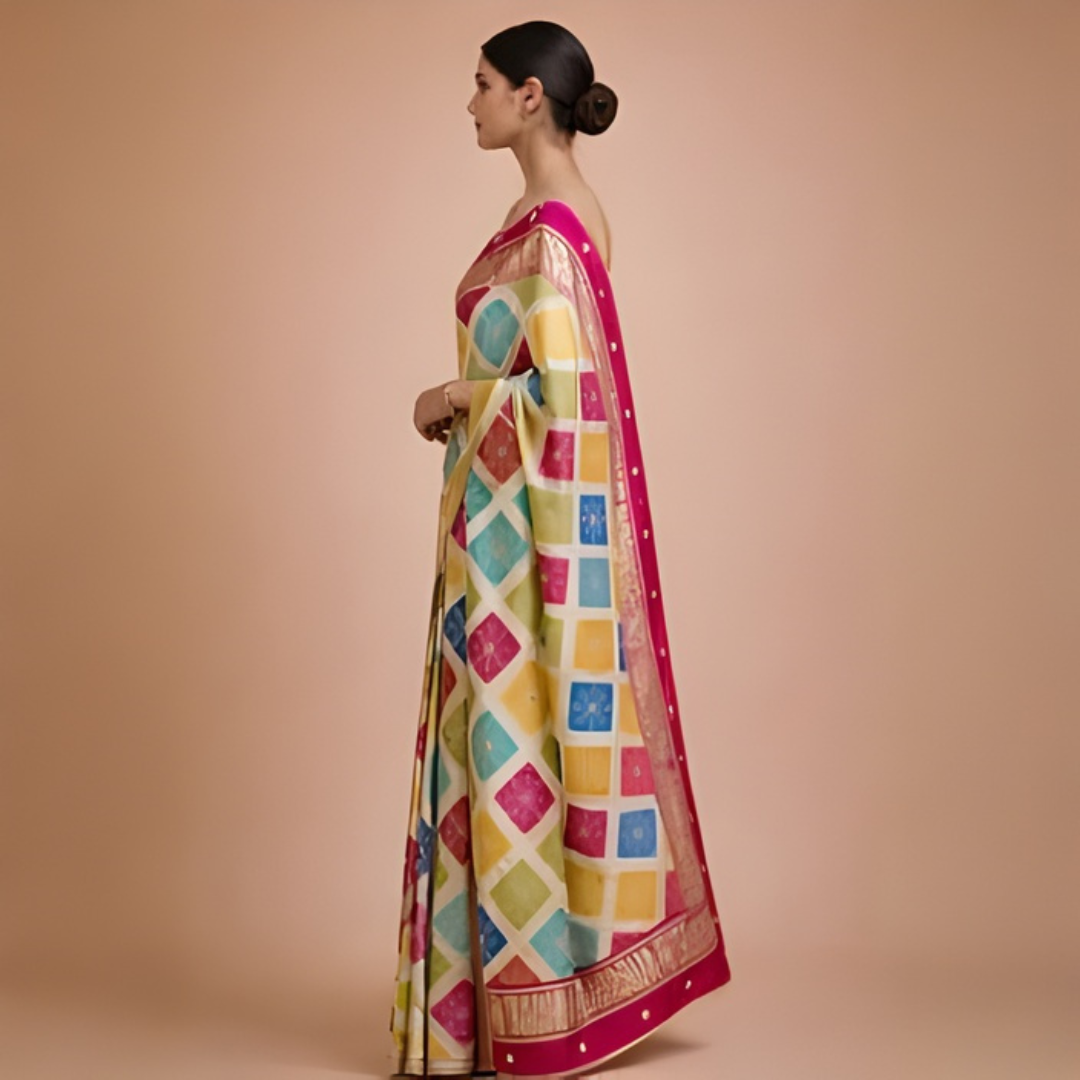 Modal Gajji Bandhani Saree with Kacchi Gota Work – Festive Wear