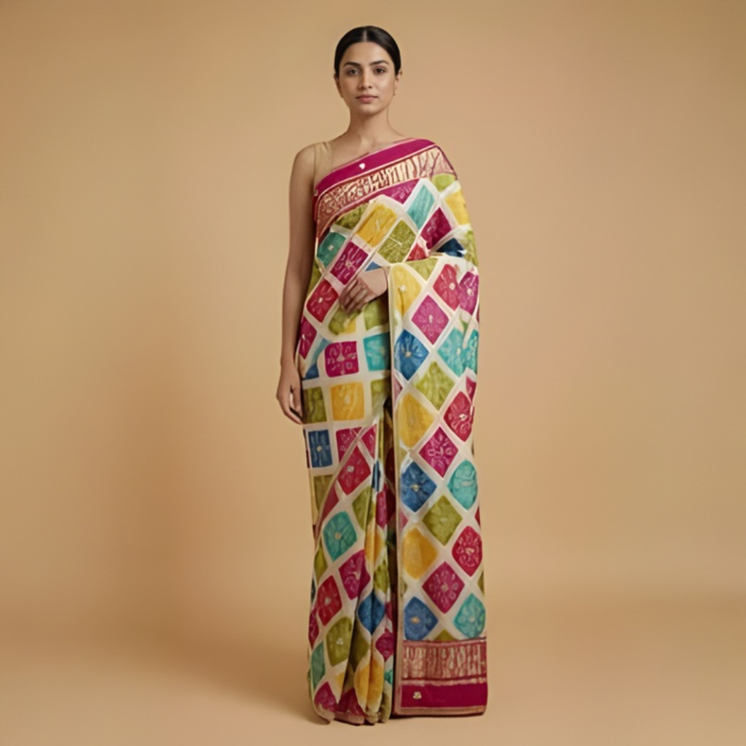 Modal Gajji Bandhani Saree with Kacchi Gota Work – Festive Wear