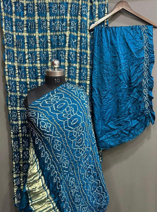 “Teal Blue Modaal Gajji Silk Suit with Hand Bandhani Work and Golden Lagdi Patta Dupatta – Anita Jain Fashions”