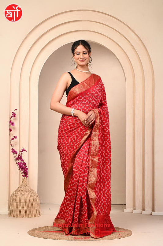 Red HO Silk Saree with Foil Print and Contrast Border