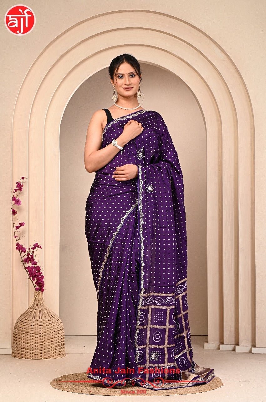 Purple HO Silk Saree with Bandhani Design and Cut Work Border
