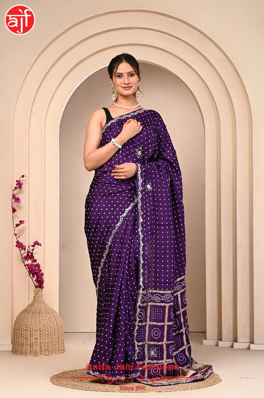 Purple HO Silk Saree with Bandhani Design and Cut Work Border