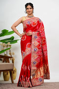 Red Embroidered Saree with Beaded Peacock Motifs