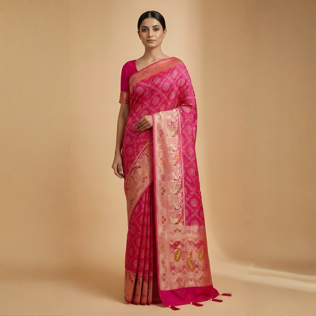 Gajji Silk Bandhani Print Saree – Mangal Path Wear