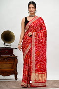 Red Bandhani Saree with Gold Zari Embroidery