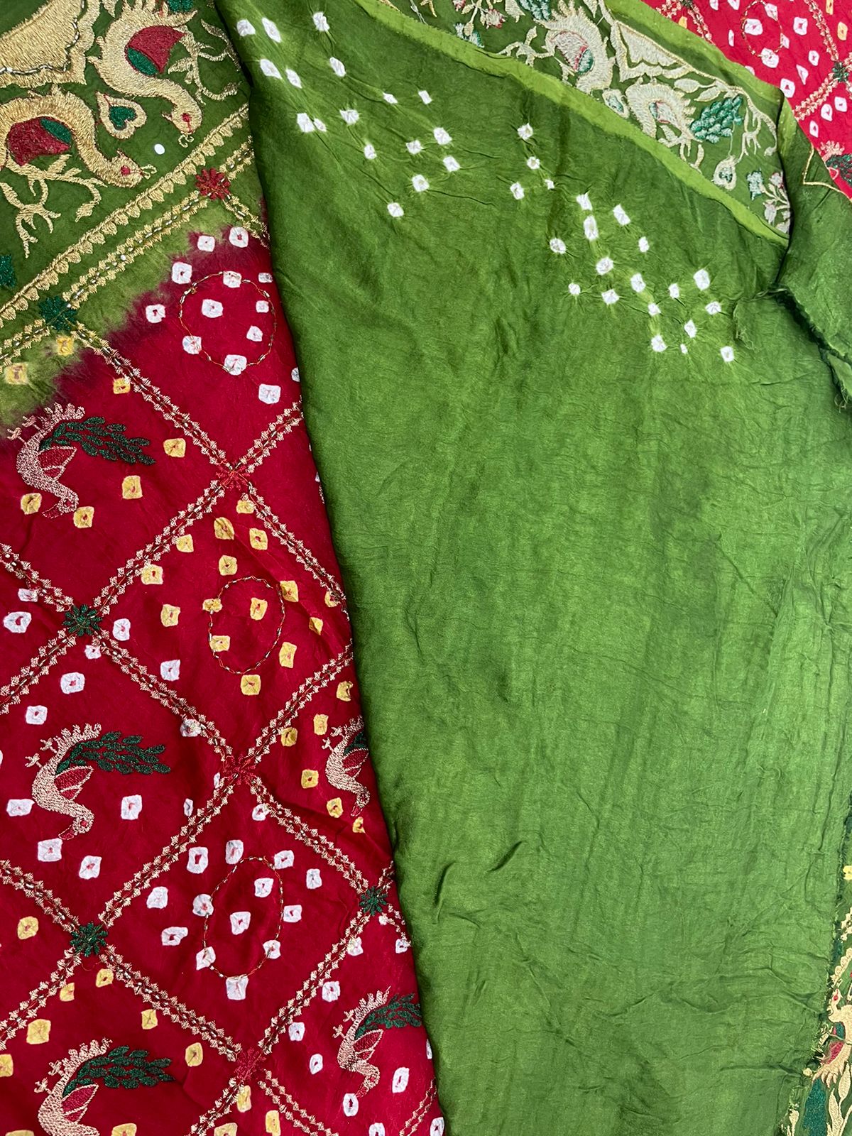 Pure Gazzi Silk with traditional Bandhani print and khatli mirror work
