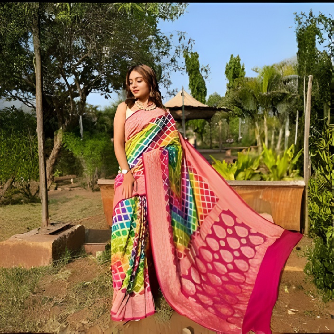 Khaddi Georgette Bandhani Neemzari Haldi Saree