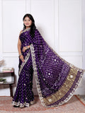 Deep Purple Modal Gajji Silk Saree with Geometric Print & Gota Border
