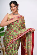 Sage Green Cotton Saree with Deep Red Pallu and Pearl Border