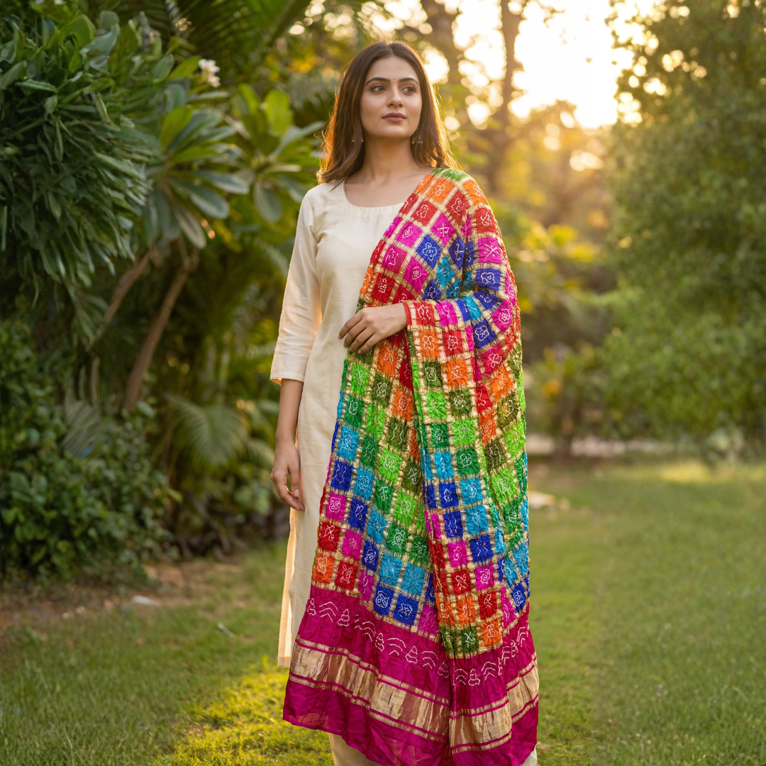Pure Gaji Silk Bandhani Zari Festive Dupatta