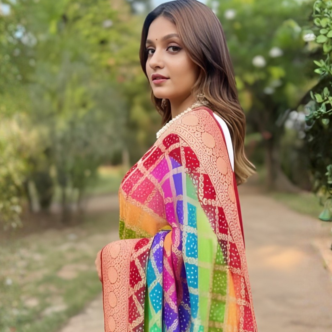 Khaddi Georgette Bandhani Neemzari Saree