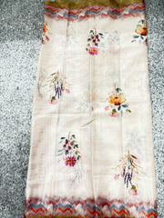 Ivory Sleep Cotton Mix Saree with Multicolor Floral Prints and Zig-Zag Border