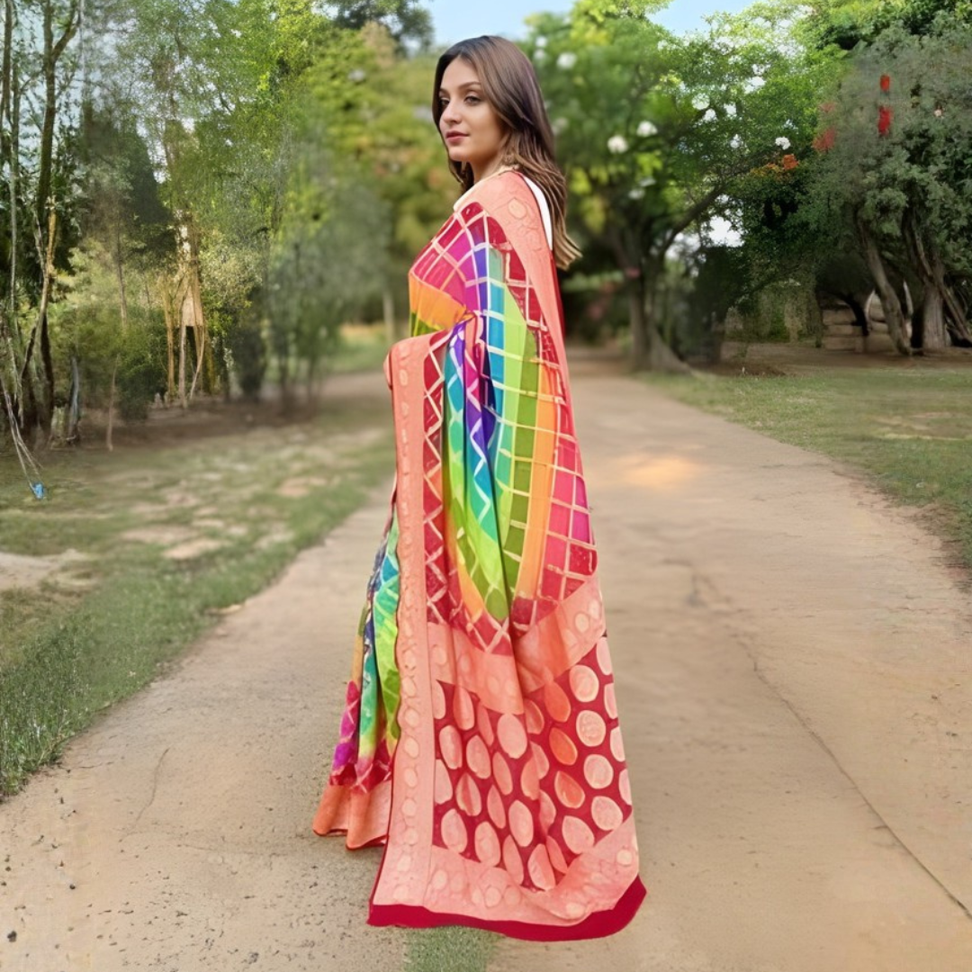 Khaddi Georgette Bandhani Neemzari Saree