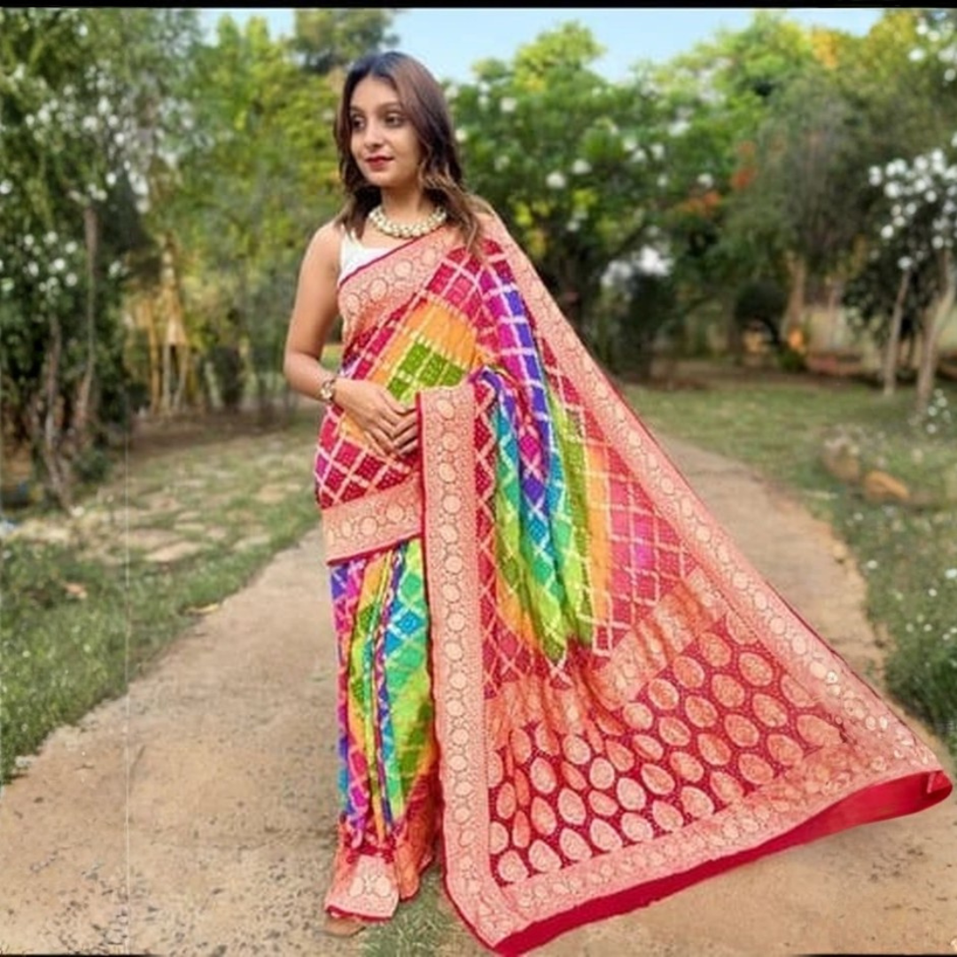 Khaddi Georgette Bandhani Neemzari Saree