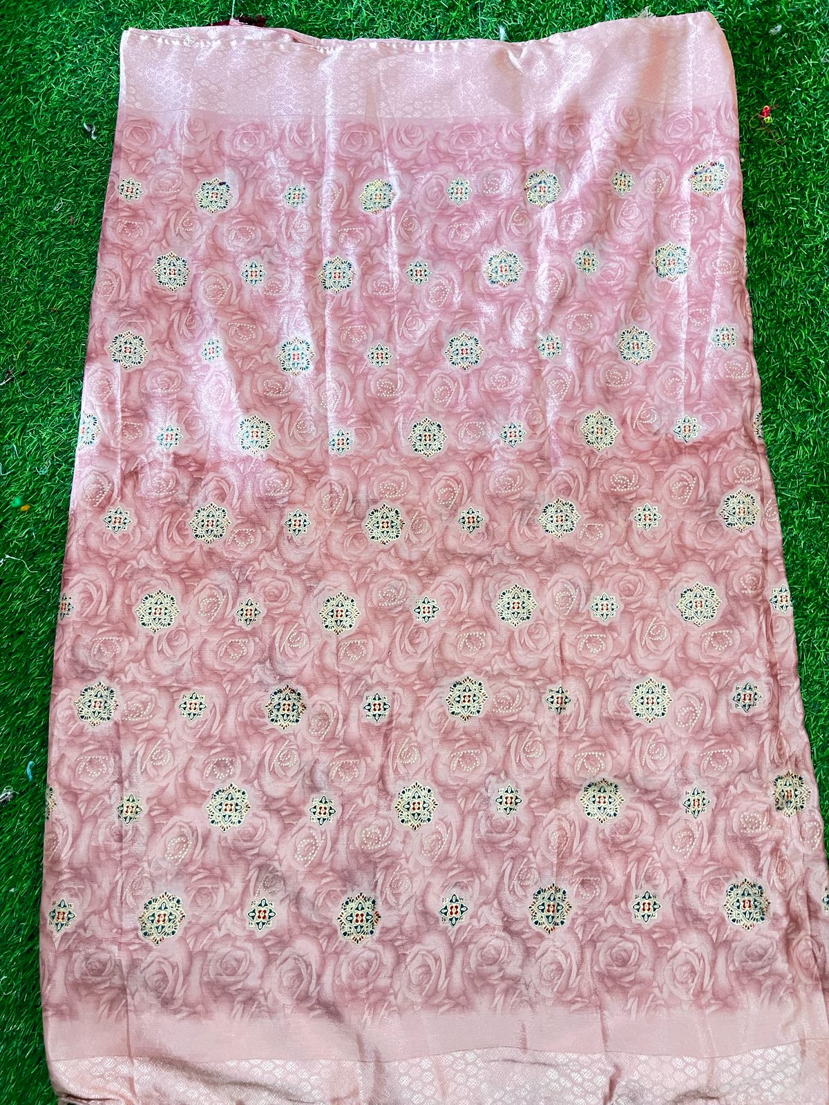Pink Malai C Phone Saree with Floral Rose Texture and Woven Butta Motifs