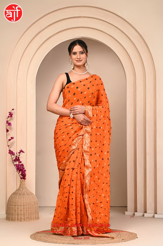 Orange HO Silk Saree with Bandhani Design and Zari Weaving, Includes Blouse Piece