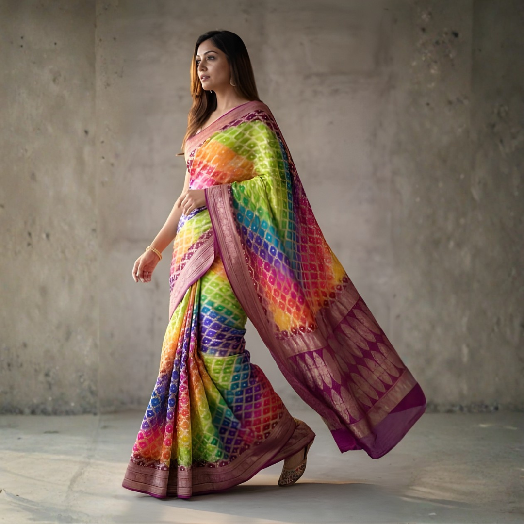 Khaddi Georgette Bandhani Neemzari Saree