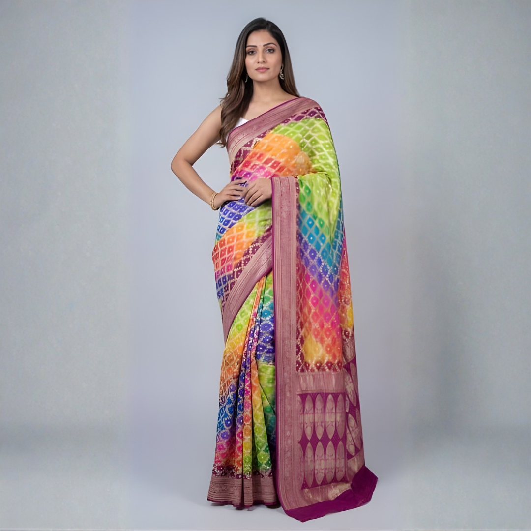 Khaddi Georgette Bandhani Neemzari Saree