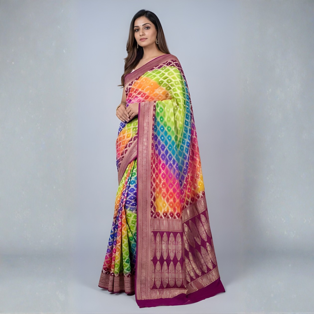 Khaddi Georgette Bandhani Neemzari Saree